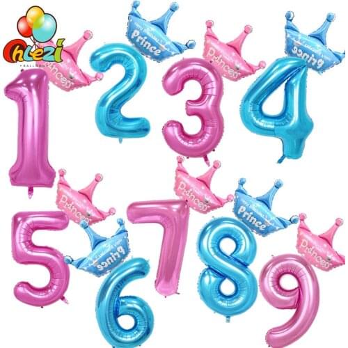 40 inch Pink Blue Number figure foil Balloons+princess prince Foil Balloon 1 2 3 year boys girls Birthday Party decor crown ball