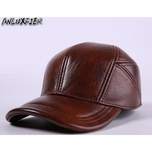 B-7192 Male Genuine Leather Hat Cowhide Baseball Cap Ear Protective Leather Hats Casual Outdoor Baseball Cap Adjustable Size