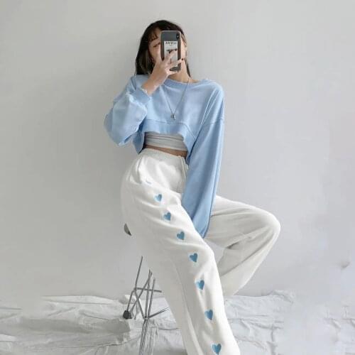 Korean Fashion Sweatpants Heart Embroidery Womens Sports Pants Elastic Waist Summer Loose Y2K Aesthetics Trousers for Female