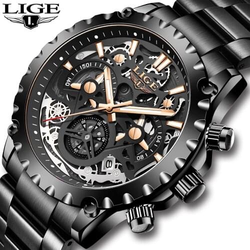 Big Dial LIGE Watches Men Chronograph Brand Watch Luxury Male Clock Steel Casual Sport Quartz Wristwatches Relogio Masculino+Box
