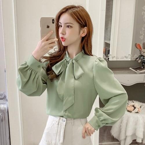 Bow Tie Tops Women Korean Design Clothes Long Sleeve Elegant Office Lady Cute Ribbon Sweet Basic Shirts Blouses Party Street
