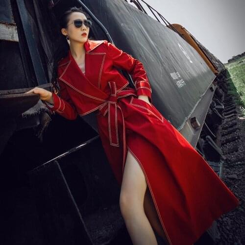 X-long Windbreaker Women Lapel Long Sleeve High Waist Belt Casual Windbreakers Female Doulber Breasted Red Trench Coat Female
