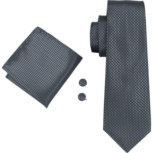 LS-1466 Barry.Wang Classic Men`s Tie 100% Gray Novelty Silk Necktie Hanky Cufflink Set For Men`s Wedding Party Business