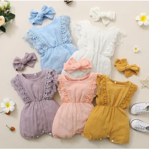 Toddler Newborn Baby Girls Clothes 0-12M Solid Color Summer Lace Sleeve Romper Headband 2pcs Cute Baby Button Clothing Gifts D30