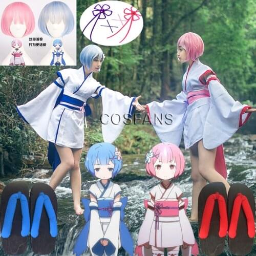 Re Zero Ram And Rem Cosplay Costumes Kara Hajimeru Isekai Seikatsu Twins Anime Kimono Dress Women Girls Halloween Full set wig