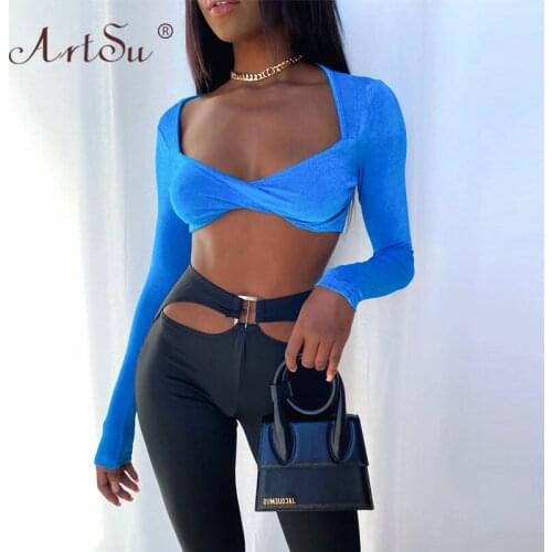 ArtSu Sexy V-Neck Twist Front Long Sleeve Crop Top Autumn 2021 Casual Solid T Shirts for Women Blue Cropped Tees Tops