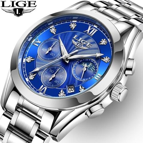 LIGE 2020 Fashion Stainless Steel Mens Watches Top Brand Luxury Business Luminous Chronograph Quartz Watch Relogio Masculino+Box