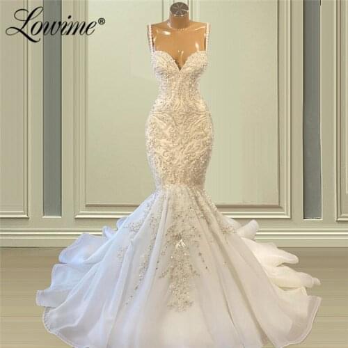Lowime Custom Made Ivory Trumpet Wedding Dresses Vestido De Novia Beaded Spaghetti Straps Mermaid Bridal Gowns Bride Dress