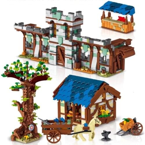 MOC The Medieval Town Market Smithy City Retro Horse Cabin castle House Blocks Model Building Toys Bricks for Kids Gift