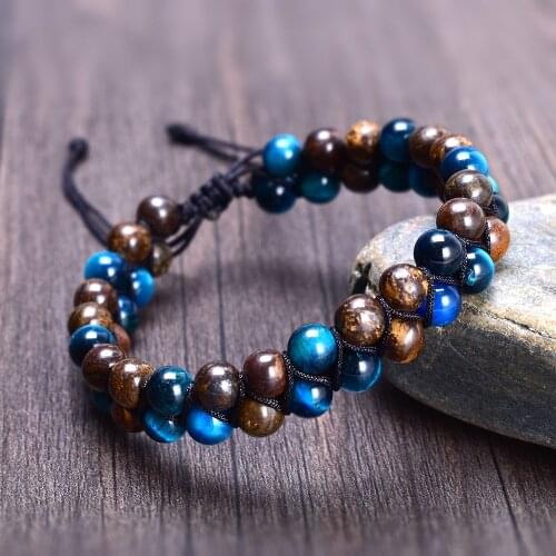 6MM blue Tiger Eye and Bronzite Stone Beads Braided Double Layer Beaded Bracelet for men Friendship Strand Bracelet Handmade