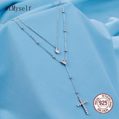 Solid 925 Sterling Silver 2 Lines Necklace Long Chain Pave Sparkly CZ Cross Pendant Fine Jewelry