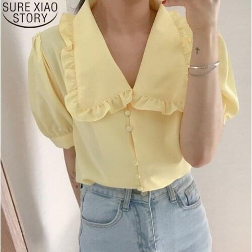 Korean Chic Casual Tops Sweet Blouse Peter Pan Collar Female Yellow White Chiffon Blouse Ruffles Button Up Shirt De Mujer 10196