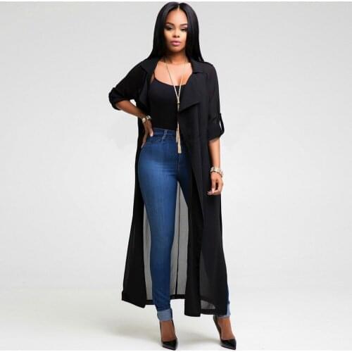 QA686 Spring fashion turn down collar open stitch chiffon trench coat full sleeve X long women windbreaker