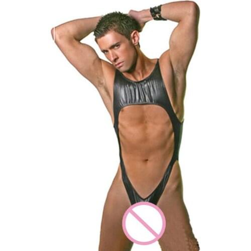 Sexy Men Faux Leather Latex Catsuit Fantasia Male Mankini Underwear Hollow Out Lingerie Swimsuit Erotic Adult Games