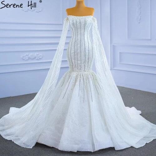 Serene Hill Luxury Mermaid White Wedding Dresses 2021 Cape Sleeves Beaded Pearls Bride Gowns HM67278 Custom Made