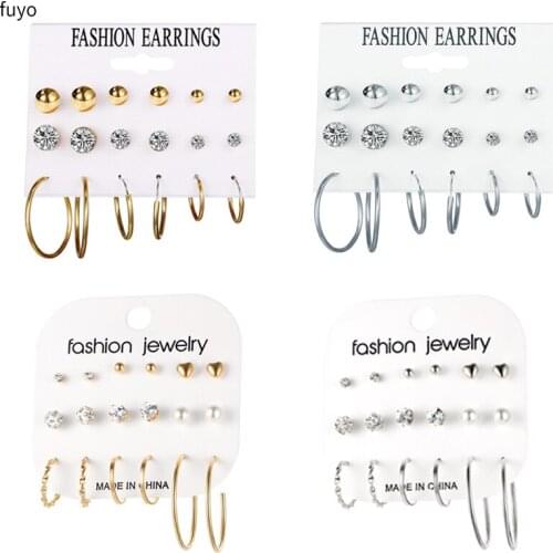 Mixed Styles Rhinestone Heart Flower Geometric Stud Earrings Set For Women Femme Earring Set Geometric earing Jewelry Brincos