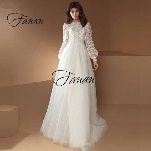 High Long Sleeve See-Through Wedding Dress Tulle IIIusion Floor Length Sweep Train Bridal Gown robe de soirée de mariage платье