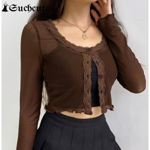 SUCHCUTE Vintage Brown Lace Patchwork Skinny T-Shirts For Women Sexy See Through Mesh Tee 2021 Spring Streetwear Crop Tops