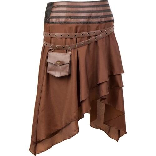 Vintage Brown Low Waist & Leather Pocket Belt Asymmetrical Medieval Steampunk Skirt Victorian Gothic Clothing Women Skirts 2020