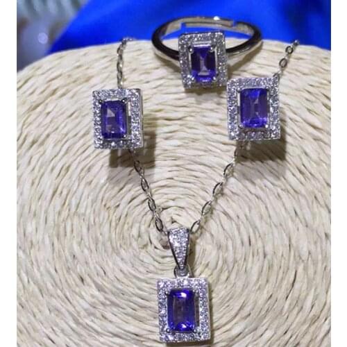 KJJEAXCMY boutique jewels 925 pure silver inlaid natural tanzanthus stone pendant necklace ring set new dress chrysanthemum anti