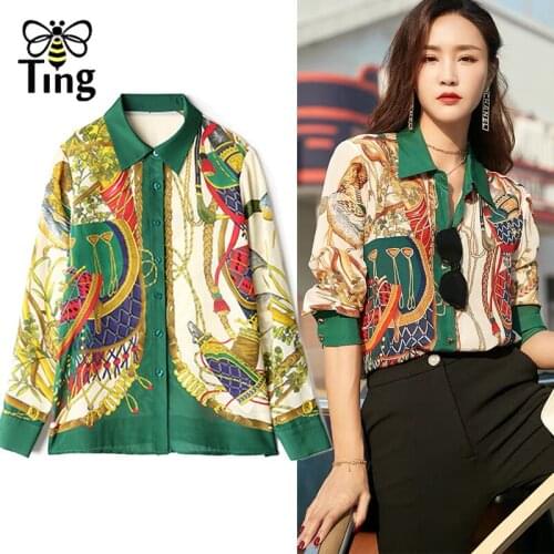 Tingfly Fashion Chic Green Printing Button Up Women Blouses Lapel Collar Casual Spring Casual Office Work Shirts Moda Blusas ZA