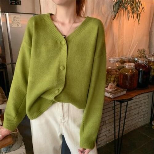 Spring and Autumn Korean style jacket retro v-neck loose long-sleeved knitted cardigan jacket women cardigan
