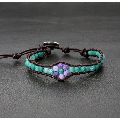 Genuine Leather Bracelets for Women High End Natural Stones Beads Cute Flower Shape Wrap Bracelets Vintage Weaving Bracelets