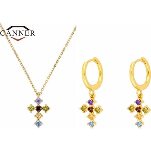 CANNER Real 925 Sterling Silver Colorful Zircon Cross Pendant Necklace for Women Female Clavicle Chain Fashion Jewelry collares
