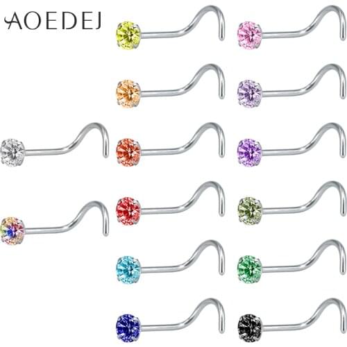 AOEDEJ 14 Pcs 1 Lot 20G Crystal Nose Stud Piercing Jewelry Stainless Steel Nose Stud L Shape Piercing Nariz Rings Mixed Colors