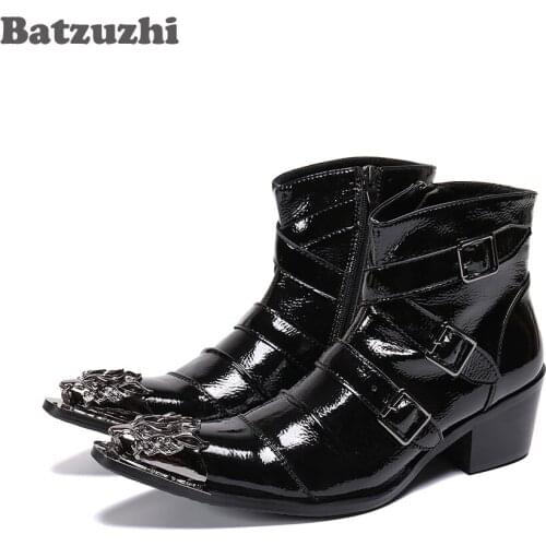 Batzuzhi Western Punk Mens Boots Pointed Metal Toe Black Leather Ankle Boots Men Black Soft Leather 6.5CM Heels Motorcycle Men