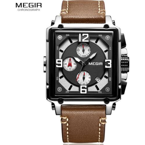Megir Leather Strap Army Chronograph Quartz Wrist Watches Men Square Sports Stop Watch Man Clock Relogios Masculino 2061 Brown