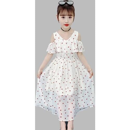 Girl SunDress Starwberry Summer Dress For Girls V Neck Children Beach Dresses Off Shoulder Clothes Girl 6 8 10 12 14