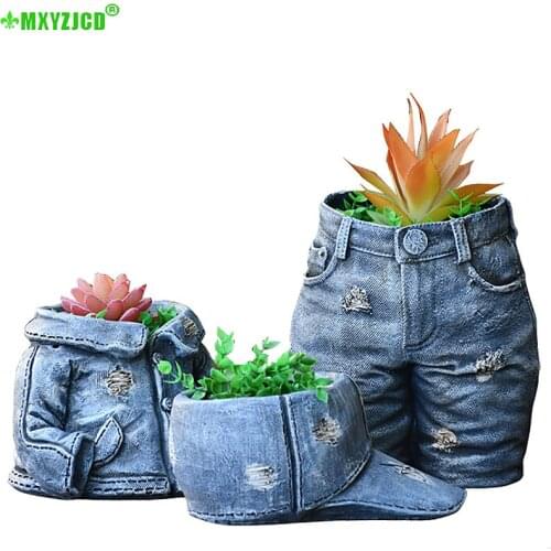 Denim Clothes Pants Resin Flower Pot Garden Creative Flower Pot Ornament Hat Flower Arrangement Container Craft Gift