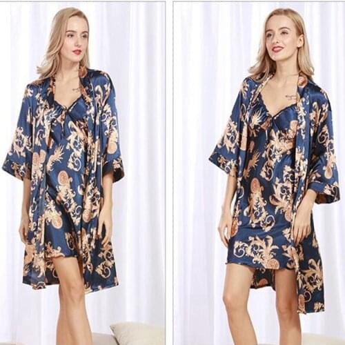 New Fashion "V" Collar Faux Silk Women Robes Printed,Hot Sale Three Quarter Sleeves Elegant Two-sets Robes For Summer