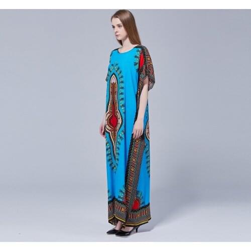 Cotton Blue Yellow African Traditional Prited Ethnic Succunct Hippie Loose Dashiki Women Dress