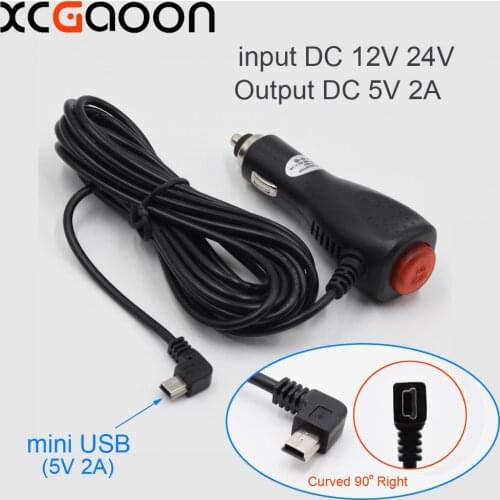 XCGaoon 5V 2A Curved mini USB Car Charger with Switch for Car DVR Camera / GPS / Pad input DC 12V-24V Cable Length 3.5m 11.48ft