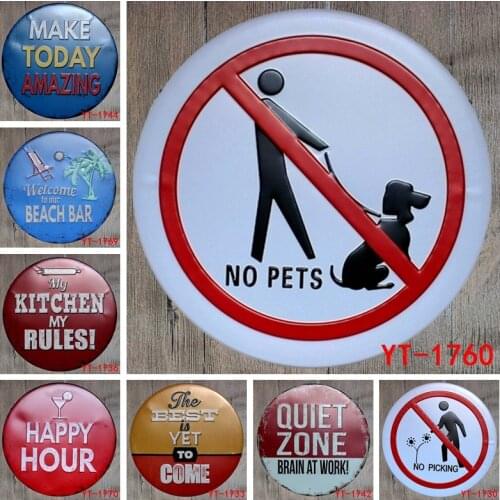 30X30CM/ round plates antique retro metal tin signs kitchen beach happy no pets Iron painting poster vintage home wall plaque