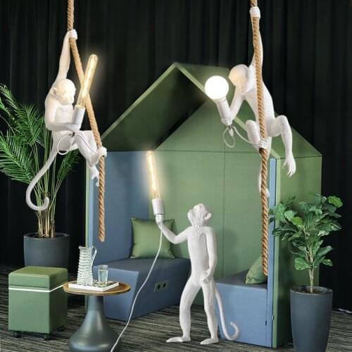 Resin Gold Black Monkey Chandelier Lighting Resin Loft Hemp Rope Pendant Lamp Luminaires Bar Cafe Includes E27 Light Fixtures