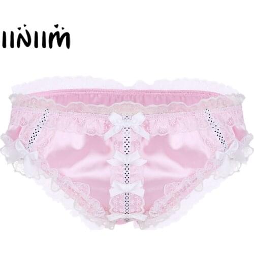 Mens Lingerie Panties Gay Sissy Lover Man Underwear Shiny Ruffled Lace Satin Jockstraps Bikini Briefs Sexy Underwear Underpants