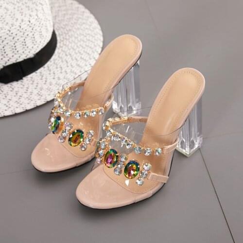 Block Heels European Cross-Border Womens Slippers Large Size 35-42 Crystal Heel Rhinestone Chunky High Heels Factory Goods