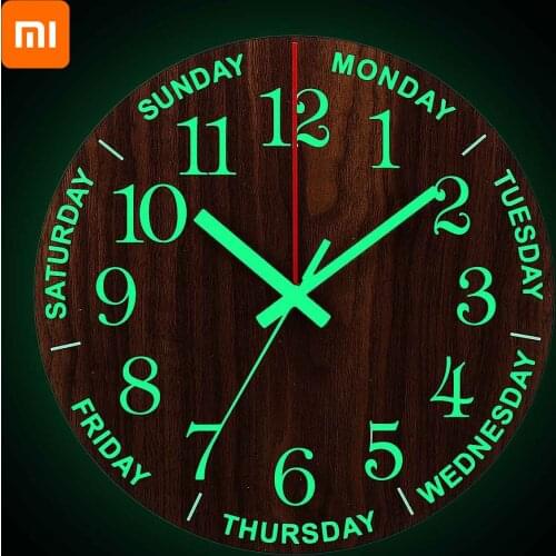 For Xiaomi Wall Clock Wood Luminous Date Time Nightlight Display Clocks for Living Room Wall Watch Home Decor 12 inch dropship