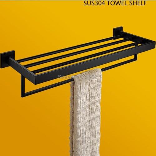 Wall Mounted Black Bathroom Shelves Double Towel Rails 304 Stainless Steel Bathroom Towel Racks Bathroom Accressories Free Ship