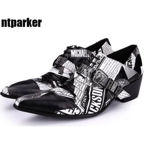 Ntparker Big Size EU38-46 Personality Rock News Paper Pattern Designers Man Shoes Height Increased Man Dress Leather Shoes