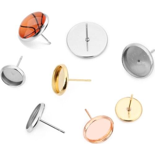 50pcs Stainless Steel Blank Flat Earring Studs Base Pins Cabochon Cameo Base Fit 8/10/12/14/16mm Ear Back For Diy Jewelry Making