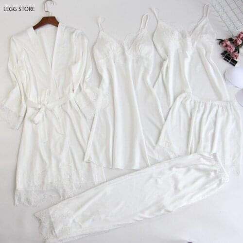 Women Pajamas 5 Pieces Satin Sleepwear Pijama Lace Home Wear Home Clothing Embroidery Sleep Lounge Pyjama With Chest Pads