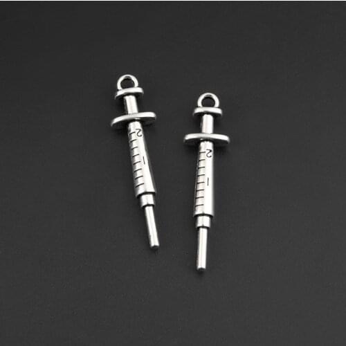 20pcs Silver Color 36x9mm Syringe Medical Charms Needle Tubing Pendant Fit Doctor DIY Jewelry Making Handcrafted Accessories