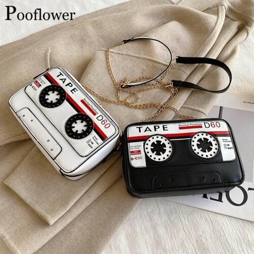 Pooflower Funny Tape Cassette Pattern Chains Small Crossbody Bags for Women Vintage Pu Leather Panelled Shoulder Bag Purse ZH377