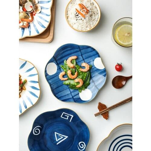 Ins Popular Japan Style Hand-Painted Under Glazed Salad Plates Floral Flower Sharp Snack Dishes 8inch 8.5 Inch Food Container