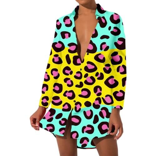 UJWI Colorful Leopard Print Women Boho Shirt Yellow Cool Women Classic Shirt Casual Personality Fashion Shirt Blouse Lady Clock