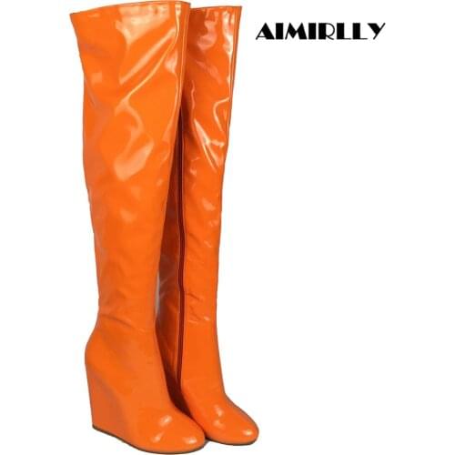 Shoes Women Round Toe Wedge Over the knee boots Ladies Fashion Winter Thigh Height Boots Orange & Yellow Patent Full Zipper